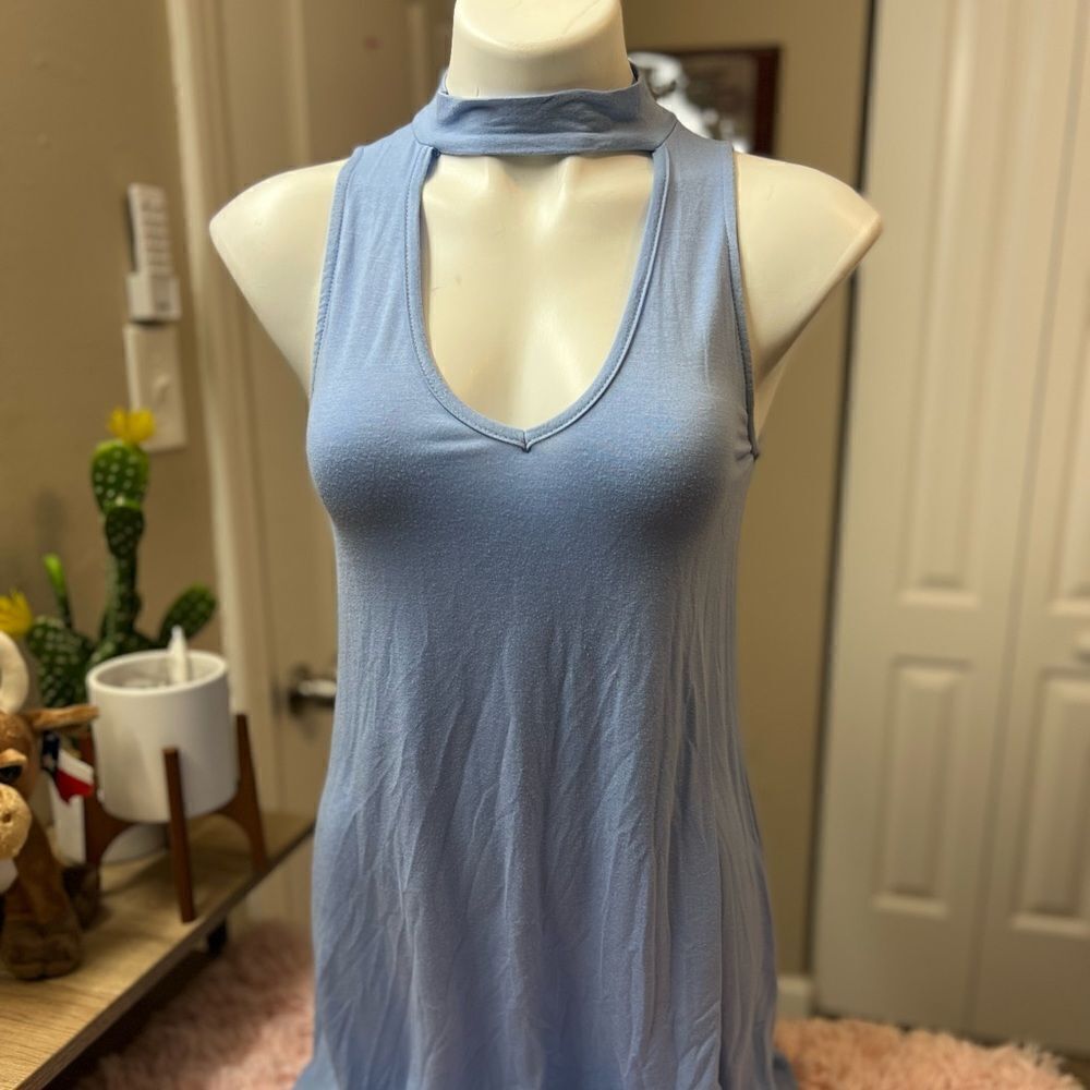 Choker-Neck Mini Dress in Light Blue
